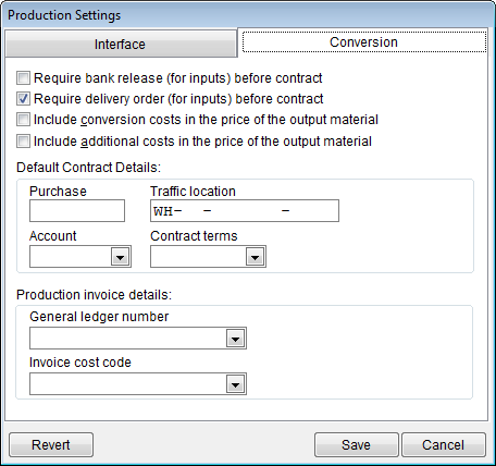 Production Settings Conversion Tab